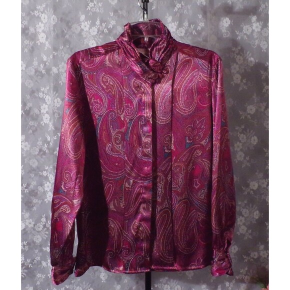 Vintage 80s Blouse 1980s Secretary Glam Paisley Office Retro Boho Size Medium - Picture 1 of 5